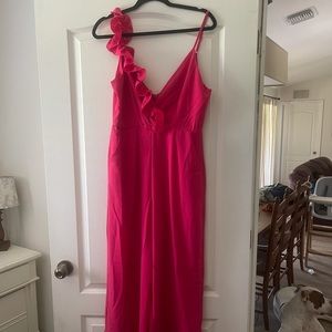 Wide leg, ruffle detail, hot pink jumpsuit!